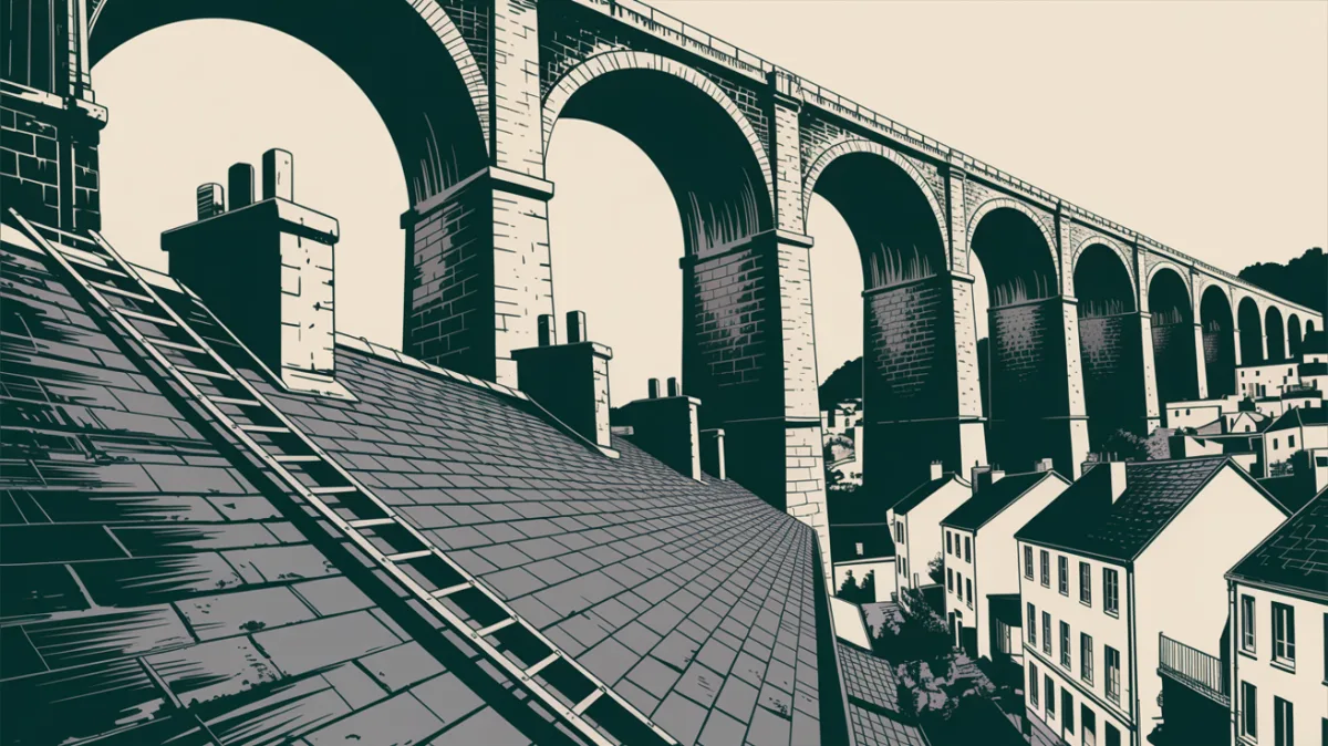 Toits en ardoise du centre ancien de Morlaix dominés par le viaduc ferroviaire en granit