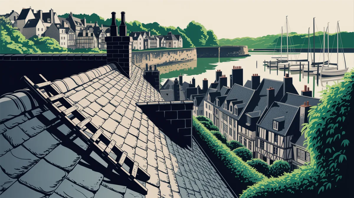 Toits en ardoise du centre historique de Vannes avec les remparts et le port de plaisance