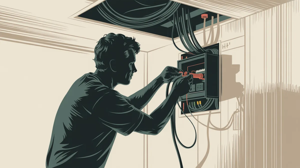 Électricien préparant la rénovation d'un tableau électrique dans un logement ancien à Rennes