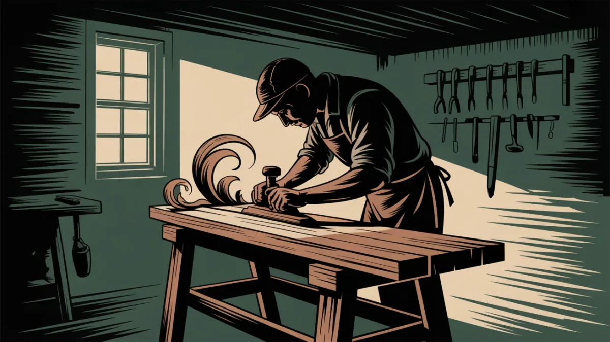 Menuisier au rabot dans son atelier, copeaux de bois sur l'établi