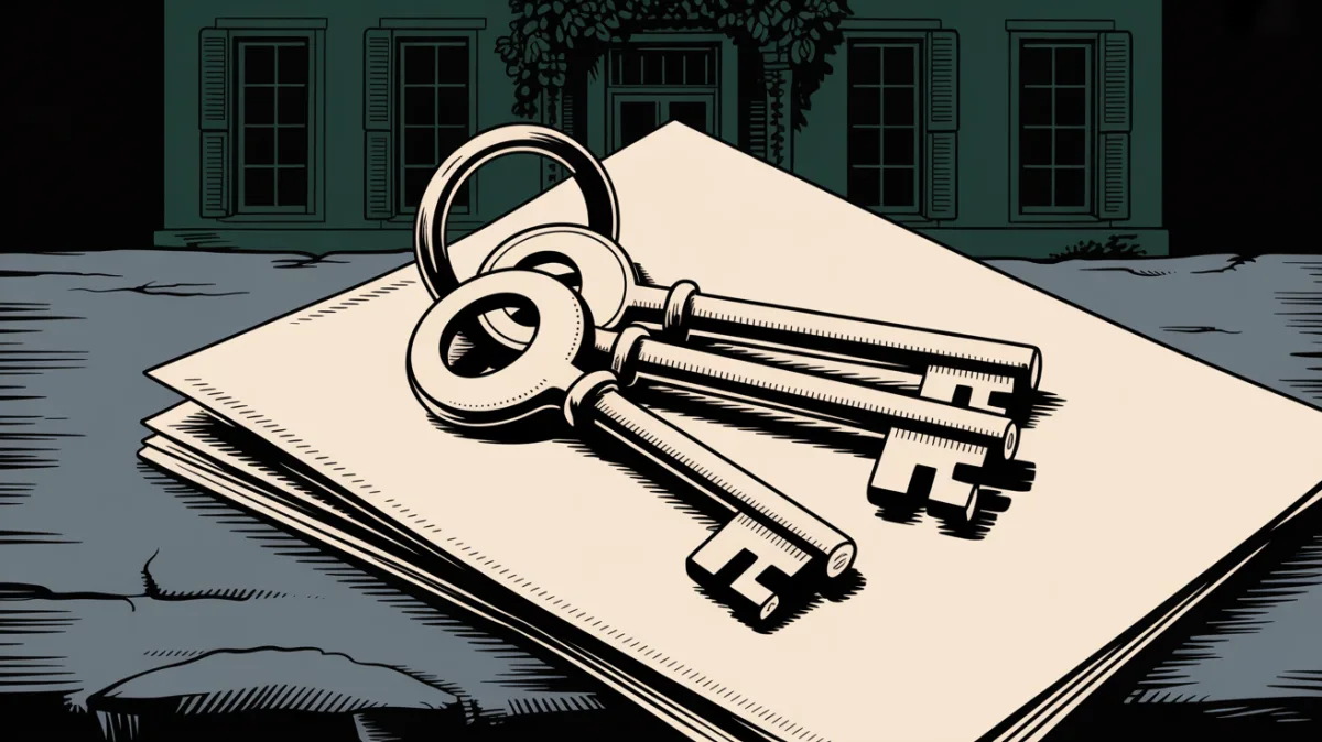 Clés de maison posées sur un dossier de diagnostic immobilier, maison bretonne en arrière-plan