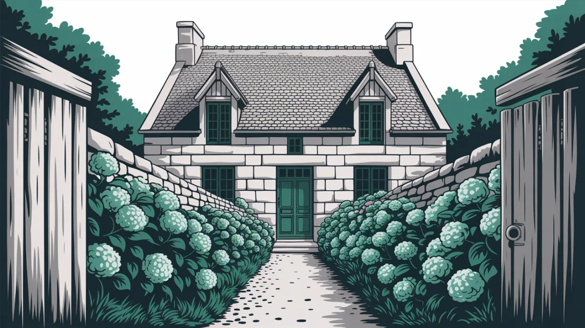 Maison bretonne en granit avec ses hortensias, vue depuis le portillon du jardin
